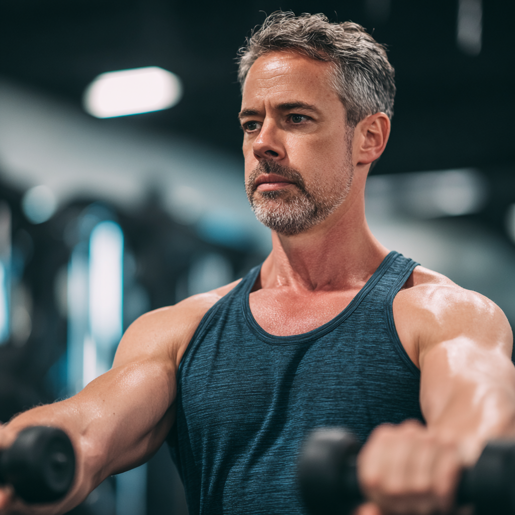 Athletic man in his 40s doing strength training exercises with determination and focus in a well-equipped fitness facility