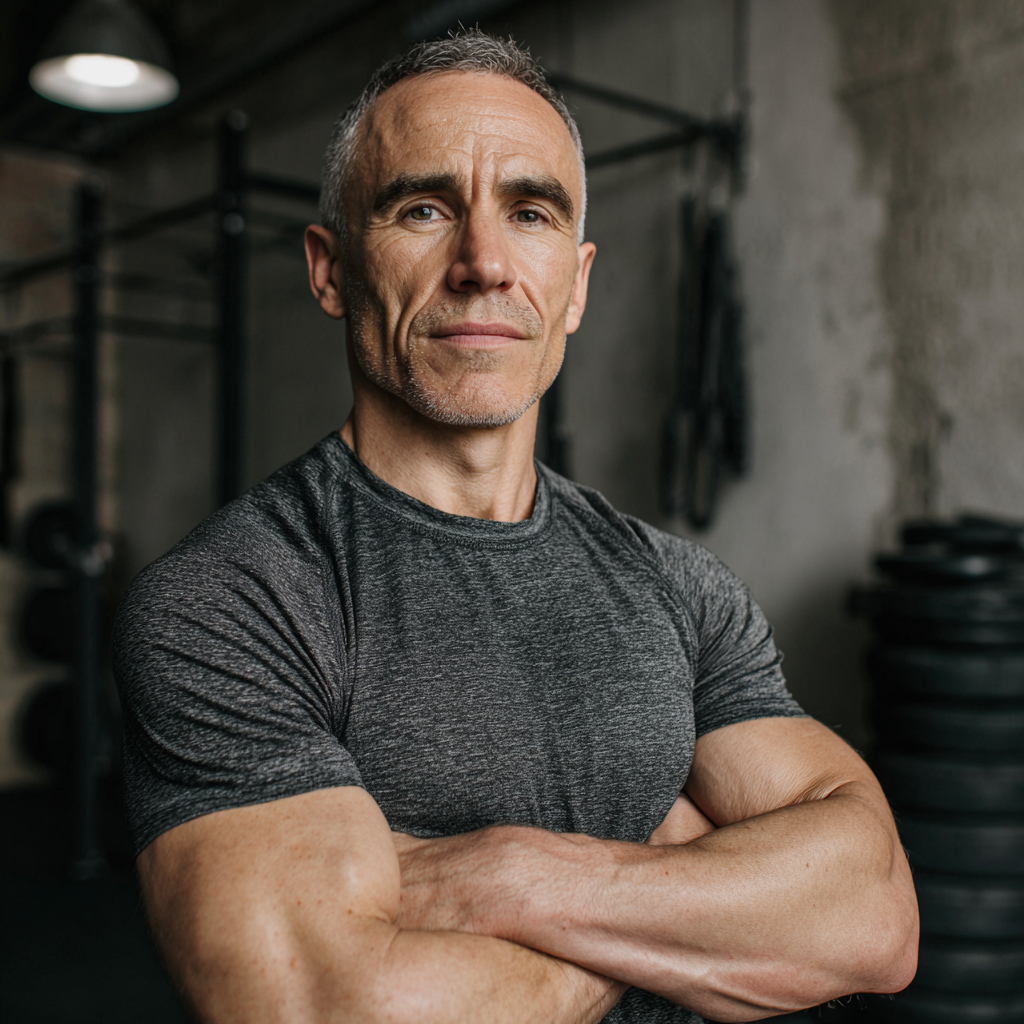 Confident mature man in athletic wear standing with arms crossed in a modern gym, showing strength and determination