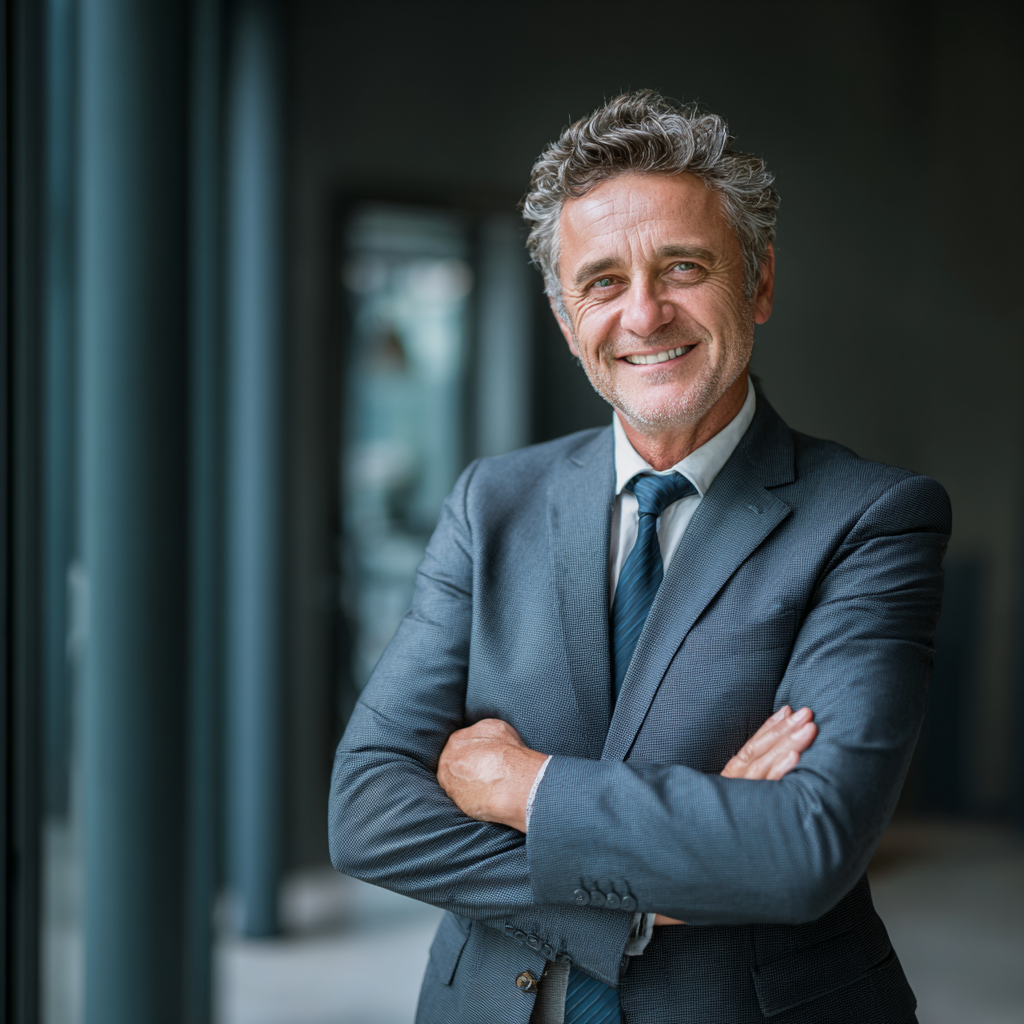 Successful middle-aged businessman in a suit standing confidently with a bright smile, representing achievement and transformation
